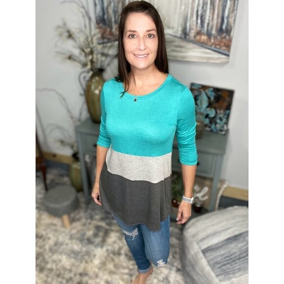 Color Block Contrast A Line Floaty 3/4 Sleeve Round Neck Tunic Green Gray Small - Picture 10 of 11